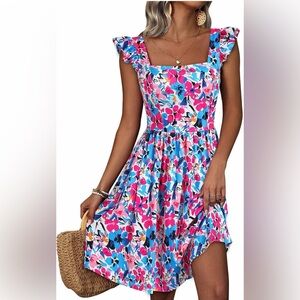 Pink Blue Floral Casual Beach Summer Sun Dress - Womens Small EUC